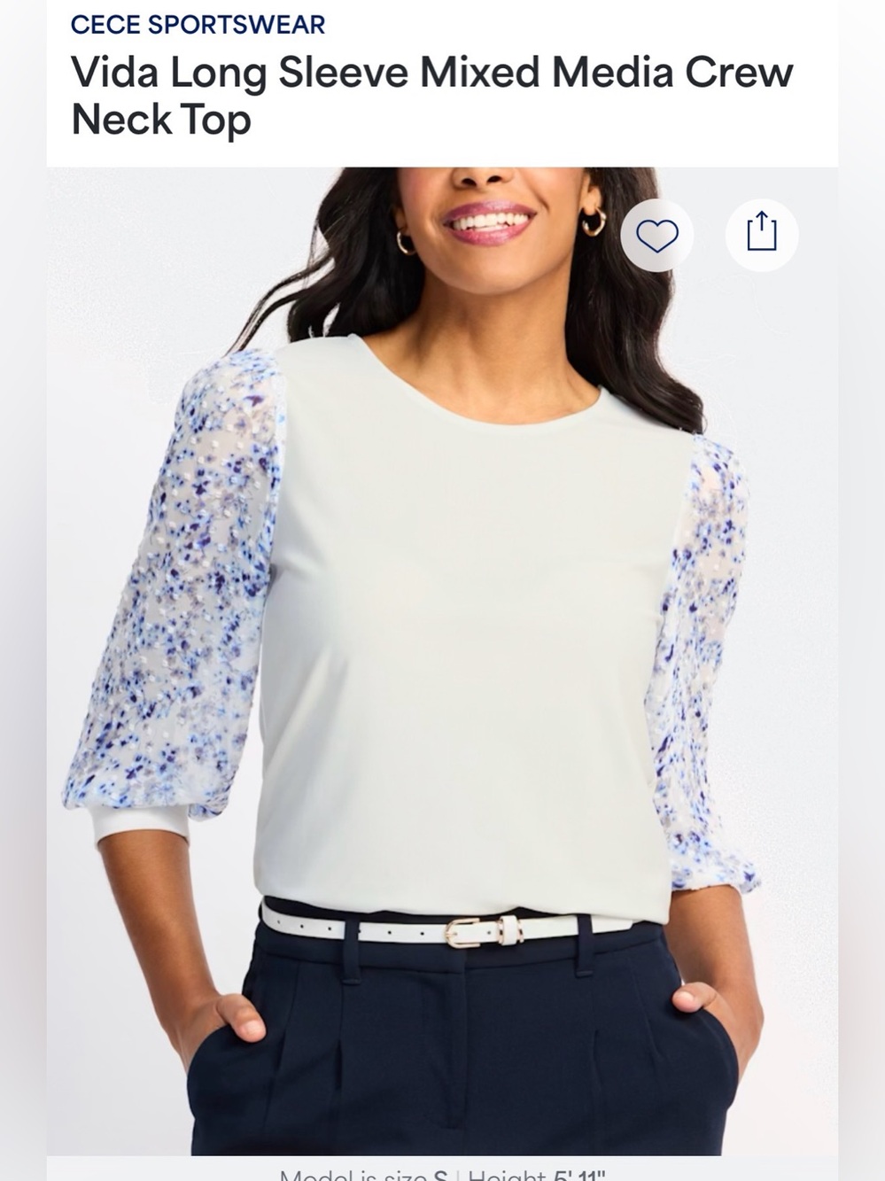 CeCe Sportswear Vida Mixed Media Floral Sleeve Top White Size Small